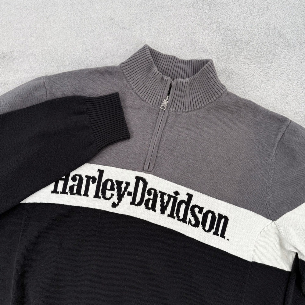 Harley-Davidson Sweater Mens XL Quarter Zip Colorblock Grey White Black Biker